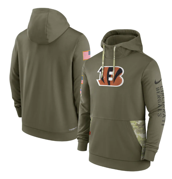 Men's Cincinnati Bengals 2022 Olive Salute to Service Therma Performance Pullover Hoodie Men's Cincinnati Bengals 2022 Olive Salute to Service Therma Performance Pullover Hoodie